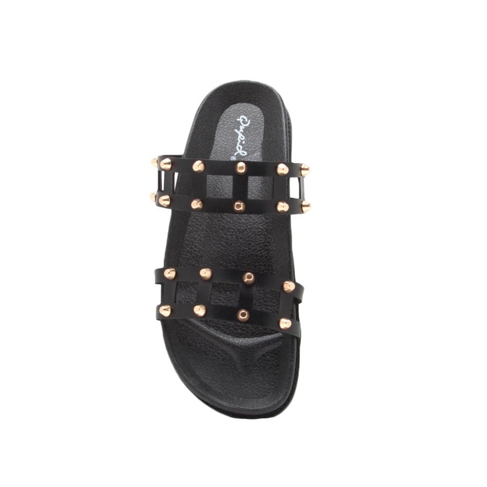 Studded Black Leather Slides - Picture 1 of 5
